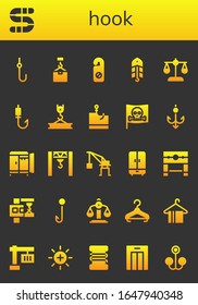 Modern Simple Set of hook Vector filled Icons. Contains such as Hook, Worm, Crane, Hanger, Bait, Balance, Fishing rod, Phishing and more Fully Editable and Pixel Perfect icons.