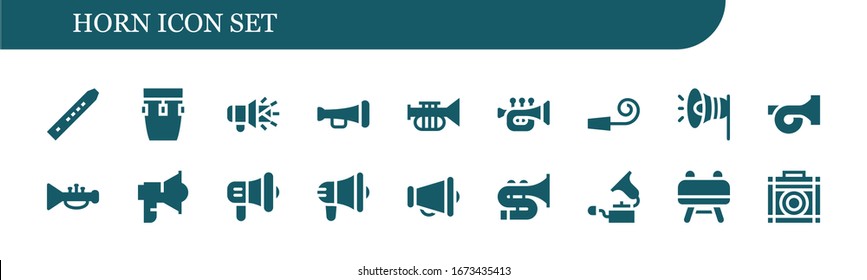 Modern Simple Set of horn Vector filled Icons. Contains such as Flute, Conga, Megaphone, Trumpet, Party whistle, French horn, Loudspeaker and more Fully Editable and Pixel Perfect icons.