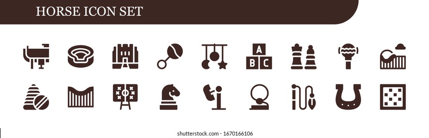 Modern Simple Set of horse Vector filled Icons. Contains such as Saddle, Animal, Medieval, Rattle, Crib toy, Toy, Chess, Roller coaster and more Fully Editable and Pixel Perfect icons.