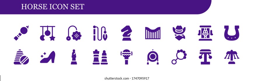 Modern Simple Set of horse Vector filled Icons. Contains such as Bladder pipe, Crib toy, Toy, Horse, Roller coaster, Cowboy, Horseshoe and more Fully Editable and Pixel Perfect icons.