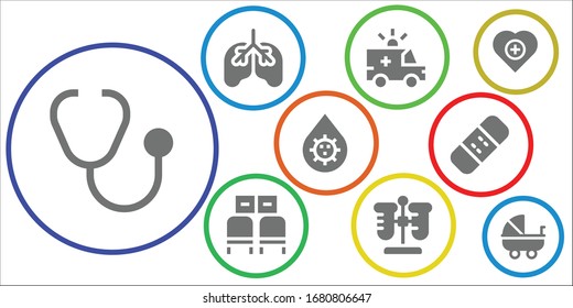 Moderno Conjunto simple de íconos rellenos de vectores hospitalarios. Contiene tales como Stethoscope, pulmones, ambulancia, sala de espera, tubo de prueba, sangre y más íconos totalmente editables y Pixel Perfect.
