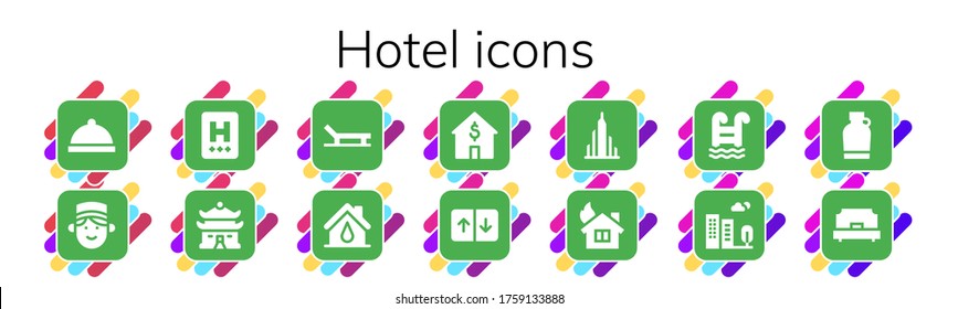 Modern Simple Set Of Hotel Vector Filled Icons. Contains Such As Dinner, Concierge, Hotel, House, Beach, Elevator, Burj Khalifa And More Fully Editable And Pixel Perfect Icons.