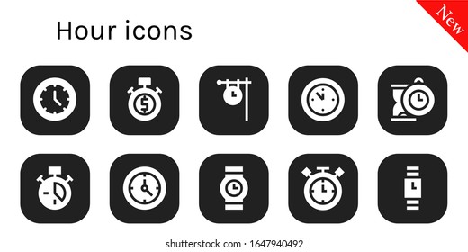 Modern Simple Set of hour Vector filled Icons. Contains such as Watch, Stopwatch, Clock, Wall clock, Wristwatch, Timer and more Fully Editable and Pixel Perfect icons.