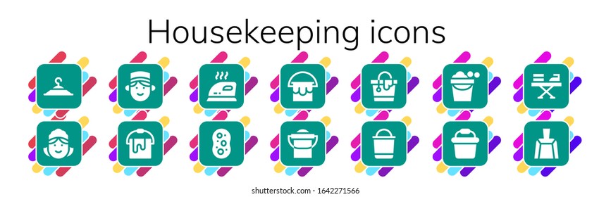 Modern Simple Set of housekeeping Vector filled Icons. Contains such as Clothing hanger, Maid, Concierge, Bucket, Iron, Sponge and more Fully Editable and Pixel Perfect icons.