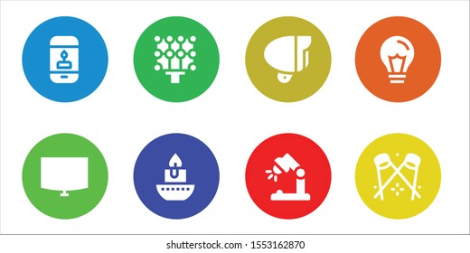 Modern Simple Set of illumination Vector filled Icons. Contains such as Candle, Night stand, Light, Lamp, Desk lamp, Idea, Spotlight and more Fully Editable and Pixel Perfect icons.