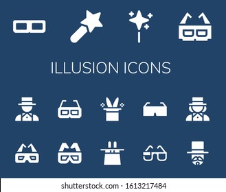 Modern Simple Set of illusion Vector filled Icons. Contains such as 3d glasses, Magic wand, Wand, Magician, Magic hat and more Fully Editable and Pixel Perfect icons.