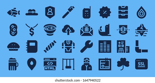 Modern Simple Set of illustration Vector filled Icons. Contains such as Fish, Sponge, Pie, Beer, Hat, Dollar, Notebook, Placeholder and more Fully Editable and Pixel Perfect icons.
