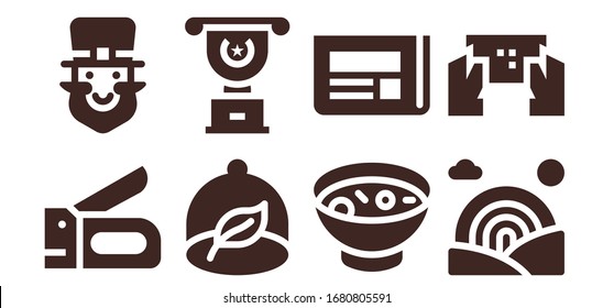 Modern Simple Set of illustration Vector filled Icons. Contains such as Stapler, Leprechaun, Ecologism, Cup, Soup, Newspaper, Rainbow and more Fully Editable and Pixel Perfect icons.