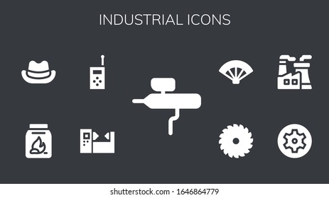 Modern Simple Set of industrial Vector filled Icons. Contains such as Airbrush, Machine, Walkie talkie, Coal, Hat, Settings, Nuclear plant and more Fully Editable and Pixel Perfect icons.