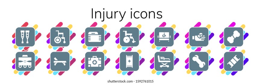 Modern Simple Set of injury Vector filled Icons. Contains such as Crutches, Walker, Wheelchair, Stretcher, Gauze, Medical kit and more Fully Editable and Pixel Perfect icons.