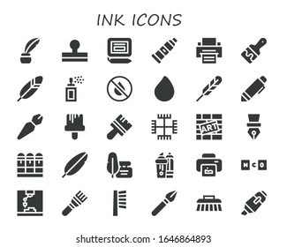 Modern Simple Set of ink Vector filled Icons. Contains such as Inkwell, Stamp, Signature, Paint tube, Printer, Paint brush, Feather and more Fully Editable and Pixel Perfect icons.