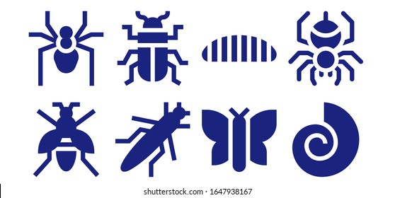 Modern Simple Set of insect Vector filled Icons. Contains such as Wasp, Spider, Grasshopper, Beetle, Butterfly, Caterpillar, Fossil and more Fully Editable and Pixel Perfect icons.