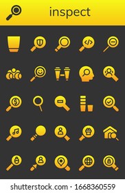 Modern Simple Set of inspect Vector filled Icons. Contains such as Glass, Zoom, Search, Magnifying glass, Zoom out, Binoculars and more Fully Editable and Pixel Perfect icons.