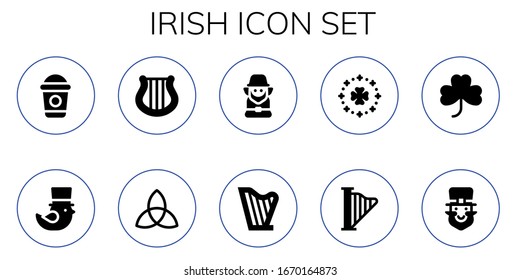 Modern Simple Set of irish Vector filled Icons. Contains such as Frappe, Saint Patrick, Harp, Triquetra, Leprechaun, Clover and more Fully Editable and Pixel Perfect icons.