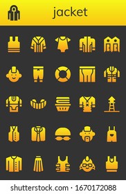 Modern Simple Set of jacket Vector filled Icons. Contains such as Sleeveless, Hoodie, Uniform, Baby clothes, Jacket, Dressing room and more Fully Editable and Pixel Perfect icons.