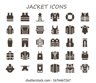 Modern Simple Set of jacket Vector filled Icons. Contains such as Sleeveless, Sleeveless shirt, Lifeguard, Clothes, Lifejacket and more Fully Editable and Pixel Perfect icons.