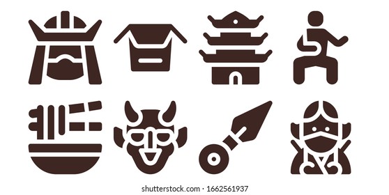 Modern Simple Set of japanese Vector filled Icons. Contains such as Noodle, Samurai, Hannya, Noodles, Kunai, Pagoda, Ninja, Martial arts and more Fully Editable and Pixel Perfect icons.