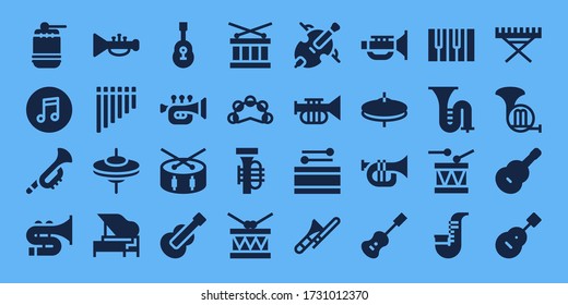 Modern Simple Set of jazz Vector filled Icons. Contains such as Drum, Itunes, Trumpet, Trombone, Flute, Cymbals, Piano, Guitar and more Fully Editable and Pixel Perfect icons.