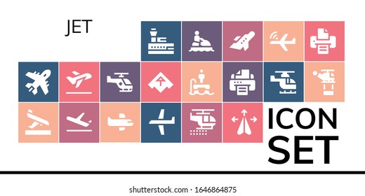 Modern Simple Set of jet Vector filled Icons. Contains such as Control tower, Plane, Arrival, Airplane, Helicopter, Take off, Flyboard and more Fully Editable and Pixel Perfect icons.
