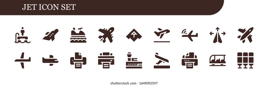Modern Simple Set of jet Vector filled Icons. Contains such as Flyboard, Aeroplane, Jet ski, Plane, Airplane, Take off, Printer and more Fully Editable and Pixel Perfect icons.