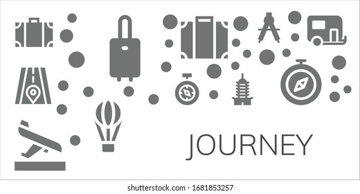 Modern Simple Set of journey Vector filled Icons. Contains such as Travel bag, Suitcase, Road, Compass, Arrival, Pagoda, Luggage and more Fully Editable and Pixel Perfect icons.
