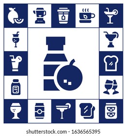 Modern Simple Set of juice Vector filled Icons. Contains such as Lemons, Cocktail, Juice, Alcohol, Toast, Brandy, Blender, Can and more Fully Editable and Pixel Perfect icons.