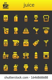 Modern Simple Set of juice Vector filled Icons. Contains such as Can, Tea, Water bottle, Fish food, Toast, Drink, Blender, Juicer and more Fully Editable and Pixel Perfect icons.