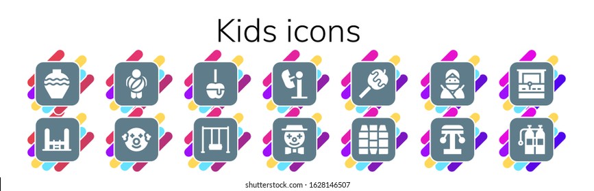 Modern Simple Set of kids Vector filled Icons. Contains such as Pottery, Trampoline, Childhood, Clown, Caramelized apple, Swing and more Fully Editable and Pixel Perfect icons.