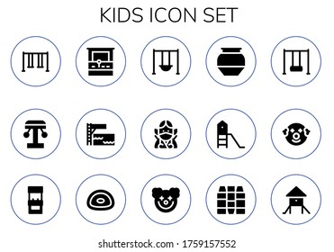 Modern Simple Set of kids Vector filled Icons. Contains such as Swing, Amusement park, Arcade machine, Trampoline, Ninja, Pottery and more Fully Editable and Pixel Perfect icons.