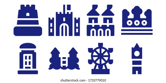 Modern Simple Set of kingdom Vector filled Icons. Contains such as Telephone booth, Castle, London eye, Fortress, Big ben, Crown and more Fully Editable and Pixel Perfect icons.