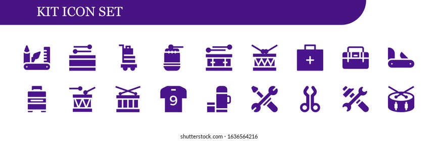 Modern Simple Set of kit Vector filled Icons. Contains such as Swiss army knife, Drum, Baggage, Emergency kit, Toolbox, Penknife and more Fully Editable and Pixel Perfect icons.