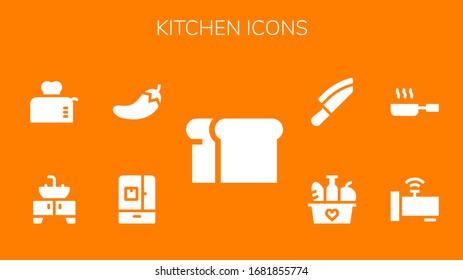 Modern Simple Set of kitchen Vector filled Icons. Contains such as Bread, Fridge, Chili, Sink, Toaster, Faucet, Frying pan, Food and more Fully Editable and Pixel Perfect icons.