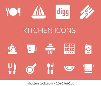 Modern Simple Set of kitchen Vector filled Icons. Contains such as Cutlery, Juicer, Digg, Cutting board, Teapot, Pan, Measuring cup and more Fully Editable and Pixel Perfect icons.