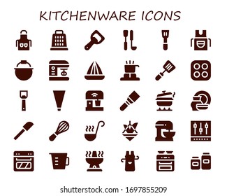 Modern Simple Set of kitchenware Vector filled Icons. Contains such as Apron, Grater, Bottle opener, Soup ladle, Spatula, Pot and more Fully Editable and Pixel Perfect icons.