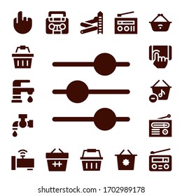 Modern Simple Set of knob Vector filled Icons. Contains such as Tap, Shopping basket, Faucet, Control, Basket, Radio, Slider and more Fully Editable and Pixel Perfect icons.