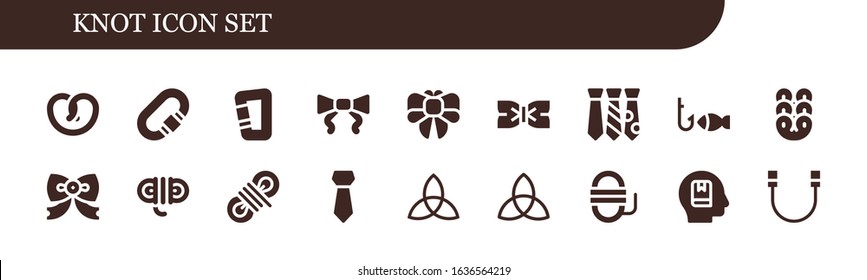 Modern Simple Set of knot Vector filled Icons. Contains such as Pretzel, Carabiner, Tie, Bow, Bow tie, Fishing, Rope, Triquetra and more Fully Editable and Pixel Perfect icons.