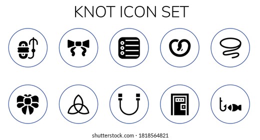 Modern Simple Set of knot Vector filled Icons. Contains such as Rope, Bow, Tie, Triquetra, Reminder, Pretzel, Death penalty, Fishing and more Fully Editable and Pixel Perfect icons.