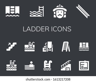 Modern Simple Set of ladder Vector filled Icons. Contains such as Pool, Swimming pool, Firefighter, Ladder, Stairs, Reservoir and more Fully Editable and Pixel Perfect icons.