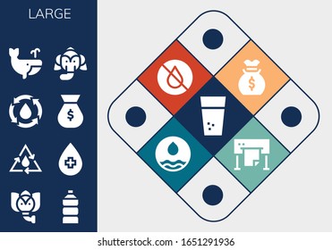 Modern Simple Set of large Vector filled Icons. Contains such as Water, Elephant, Money bag, Whale, Plotter and more Fully Editable and Pixel Perfect icons.