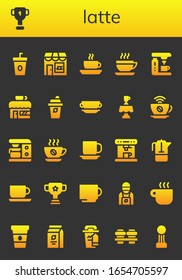 Modern Simple Set of latte Vector filled Icons. Contains such as Coffee, Cup, Coffee shop, Coffee machine, Latte, maker and more Fully Editable and Pixel Perfect icons.
