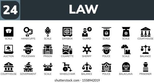 Modern Simple Set of law Vector filled Icons. Contains such as Scale, Handcuffs, Safebox, Guard, Courthouse, Auction, Policeman and more Fully Editable and Pixel Perfect icons.