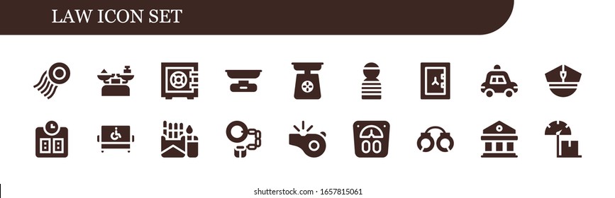 Modern Simple Set of law Vector filled Icons. Contains such as Stamp, Scale, Safebox, Prisioner, Police car, Police, Disabled and more Fully Editable and Pixel Perfect icons.