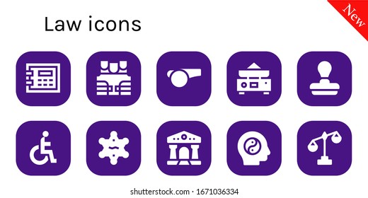Modern Simple Set of law Vector filled Icons. Contains such as Safebox, Bulletproof vest, Whistle, Balance, Stamp, Disability and more Fully Editable and Pixel Perfect icons.