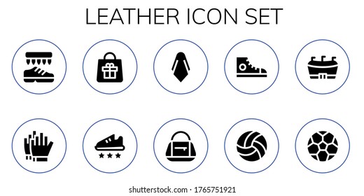 Modern Simple Set of leather Vector filled Icons. Contains such as Shoes, Football gloves, Bag, Sport shoe, Silk, Sneakers, Volleyball and more Fully Editable and Pixel Perfect icons.