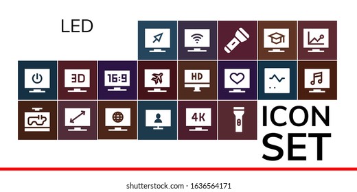 Modern Simple Set of led Vector filled Icons. Contains such as Television, Flashlight, Hd, Monitor and more Fully Editable and Pixel Perfect icons.