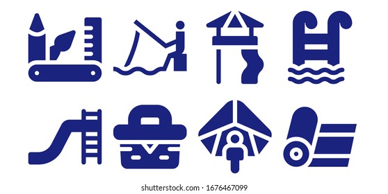 Modern Simple Set of leisure Vector filled Icons. Contains such as Toboggan, Swiss army knife, Picnic, Fishing, Hang gliding, Slide and more Fully Editable and Pixel Perfect icons.