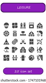 Modern Simple Set of leisure Vector filled Icons. Contains such as Parachute, Puzzle, Chess, Matches, Tent, Casino, Inflatable and more Fully Editable and Pixel Perfect icons.