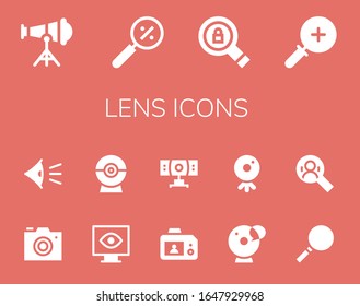 Modern Simple Set of lens Vector filled Icons. Contains such as Telescope, Magnifying glass, Search, Zoom in, Photo camera, Eye and more Fully Editable and Pixel Perfect icons.