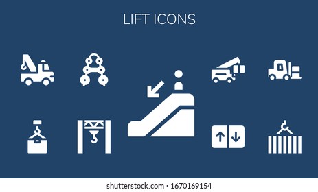 Modern Simple Set of lift Vector filled Icons. Contains such as Escalator down, Crane, Barbell, Forklift, Elevator and more Fully Editable and Pixel Perfect icons.