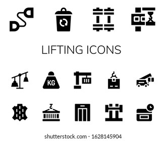 Modern Simple Set of lifting Vector filled Icons. Contains such as Chest expander, Container, Weights, Crane, Skin, Weight, Lift and more Fully Editable and Pixel Perfect icons.